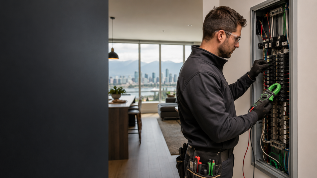Electrician inspecting an electrical panel in Vancouver
