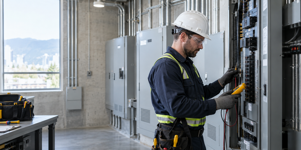 Electrician performing electrical maintenance in Vancouver
