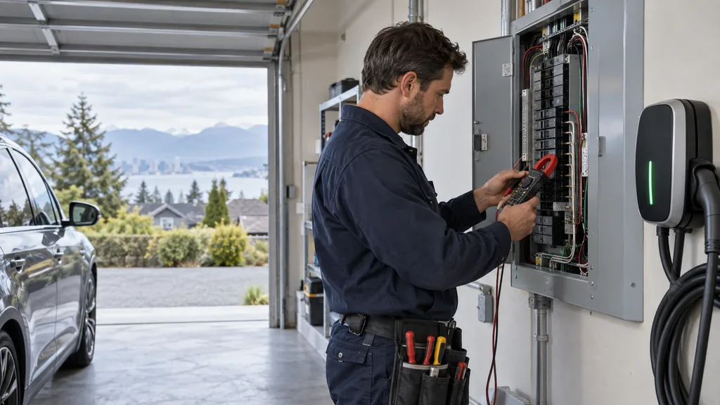 Electrician assessing an electrical panel for EV charger installation in Vancouver
